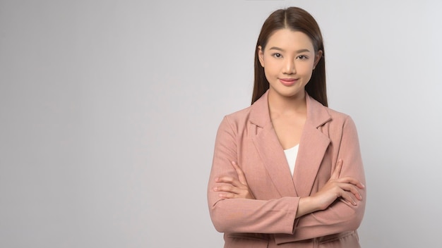 Portrait of beautiful asian woman over white background studio