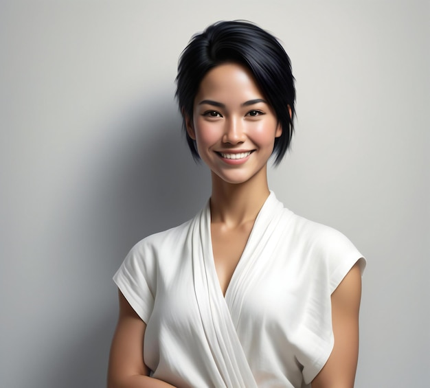 Portrait of a beautiful asian woman in white dress smiling at camera