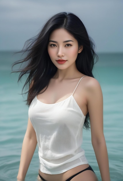 Portrait of a beautiful asian woman in white shirt posing on the beach