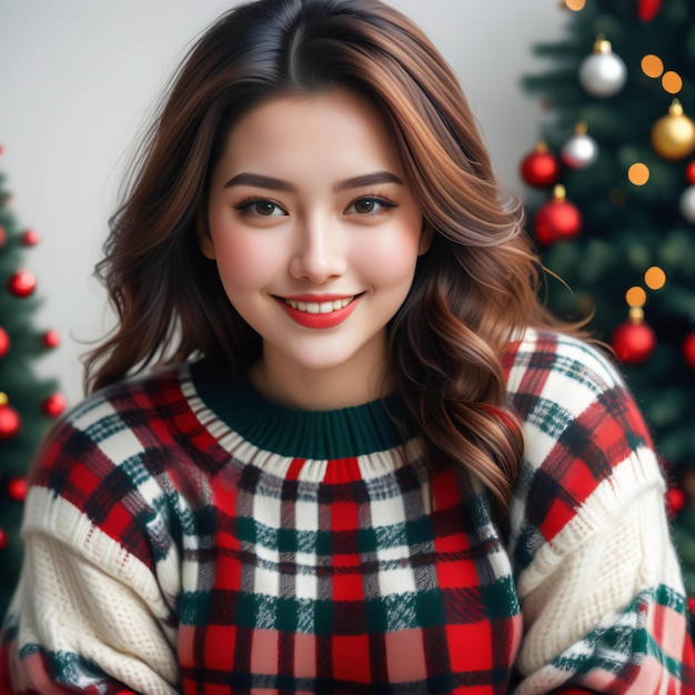 Portrait of beautiful asian woman with christmas tree background