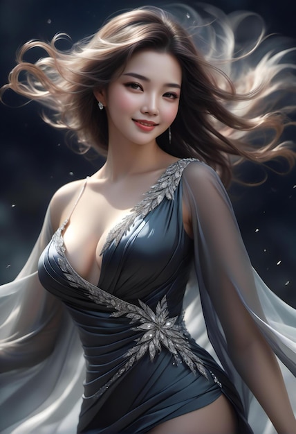 Portrait of a beautiful asian woman with flying hair and silver dress