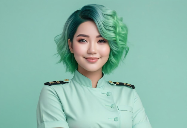 Portrait of beautiful asian woman with green hair on blue background