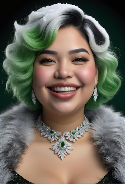 Portrait of a beautiful asian woman with green hair and white fur coat