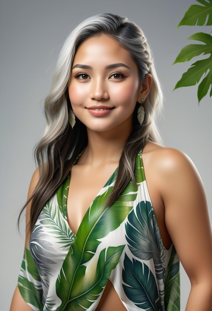 Portrait of a beautiful asian woman with green leaves in her hair