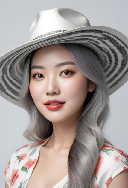 Portrait of beautiful asian woman with grey hair and white hat