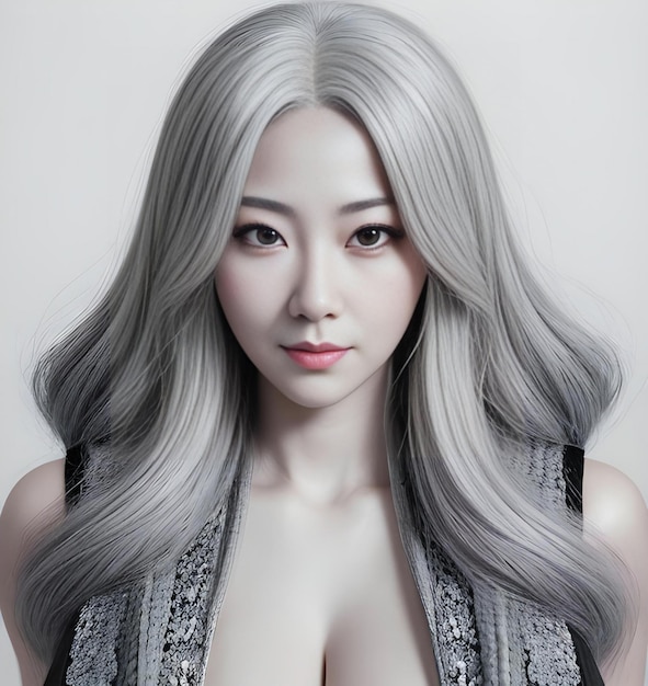 Portrait of a beautiful asian woman with long grey hair