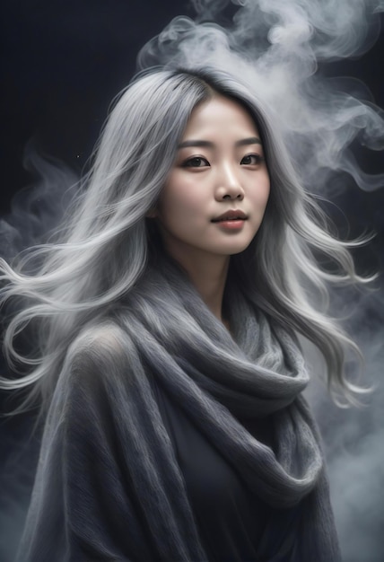 Portrait of a beautiful asian woman with long hair and smoke