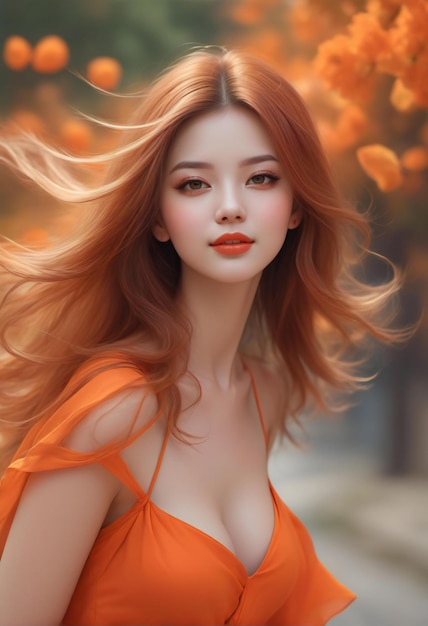 Portrait of beautiful asian woman with red hair and orange dress