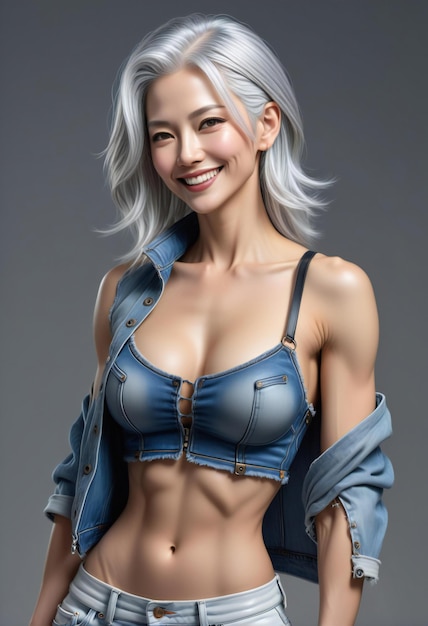 Portrait of a beautiful asian woman with white hair and blue jeans jacket