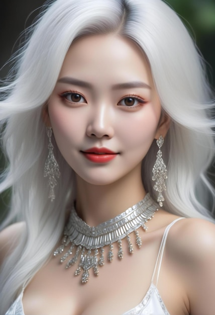 Portrait of beautiful asian woman with white hair and silver jewelry