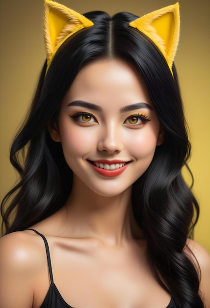 Portrait of a beautiful asian woman with yellow cat ears