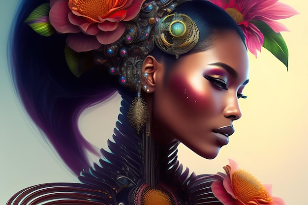 Portrait of a beautiful biomechanical cyborg Symbiosis of woman and blooming exotic flower Biologically modified organism Concept of futuristic bionics and artificial intelligence digital art