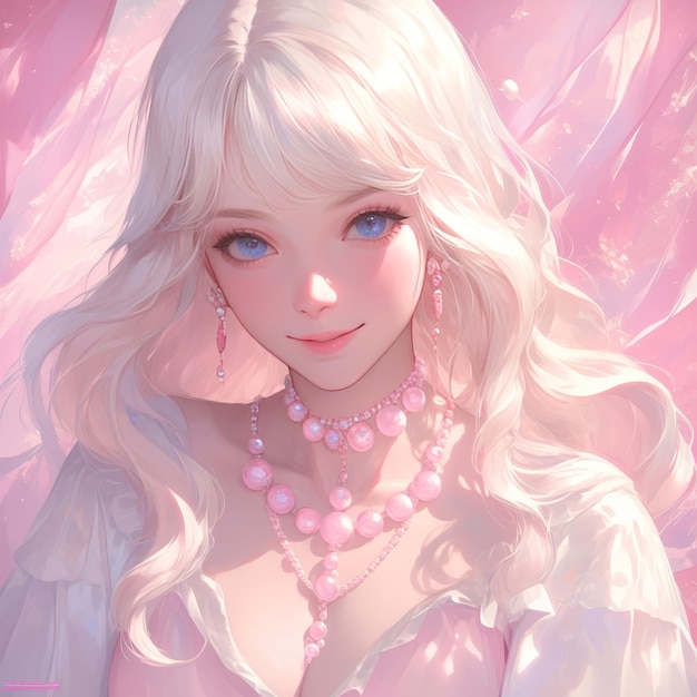 Portrait of a beautiful blonde girl in a pink dress with pearls