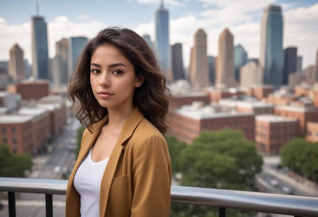 Photo portrait of a beautiful blonde girl standing against a city background urban elegance and charm