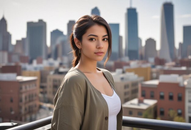 Photo portrait of a beautiful blonde girl standing against a city background urban elegance and charm