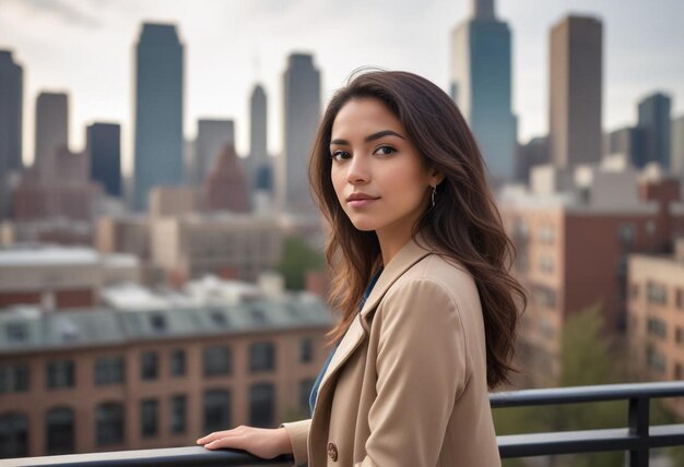 Photo portrait of a beautiful blonde girl standing against a city background urban elegance and charm