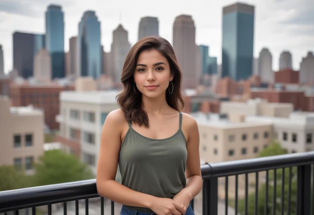 Photo portrait of a beautiful blonde girl standing against a city background urban elegance and charm