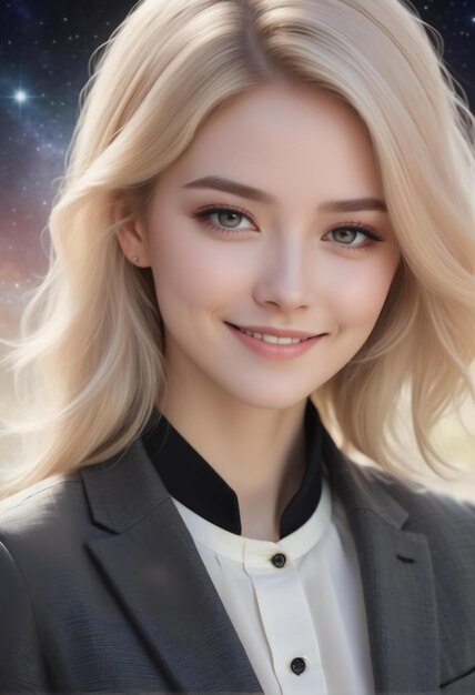 Portrait of a beautiful blonde girl in a suit against the background of the starry sky