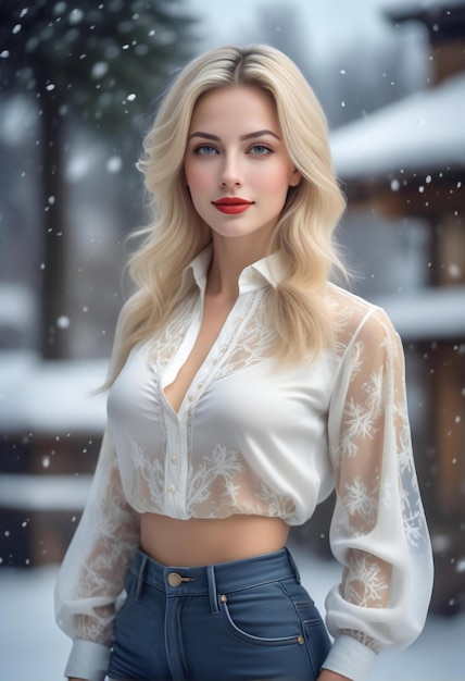 Portrait of a beautiful blonde girl in a white blouse and blue jeans on a background of a winter lan