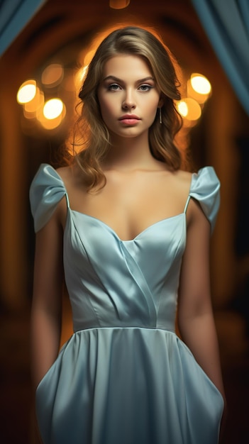 portrait of a beautiful blonde girl in white dress in the interior