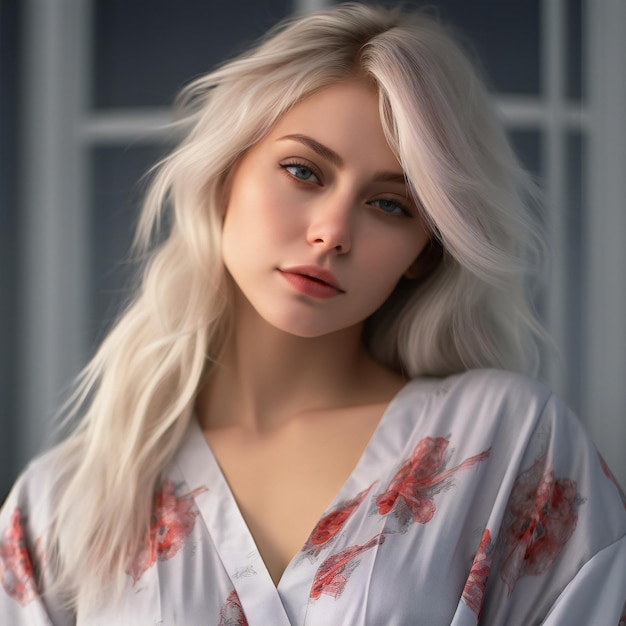 Portrait of a beautiful blonde girl in a white dressing gown in the interior