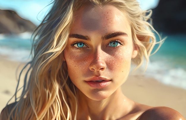 Portrait of a beautiful blonde girl with blue eyes against the sea