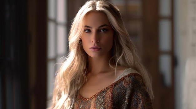 Portrait of a beautiful blonde girl with long hair in the interior