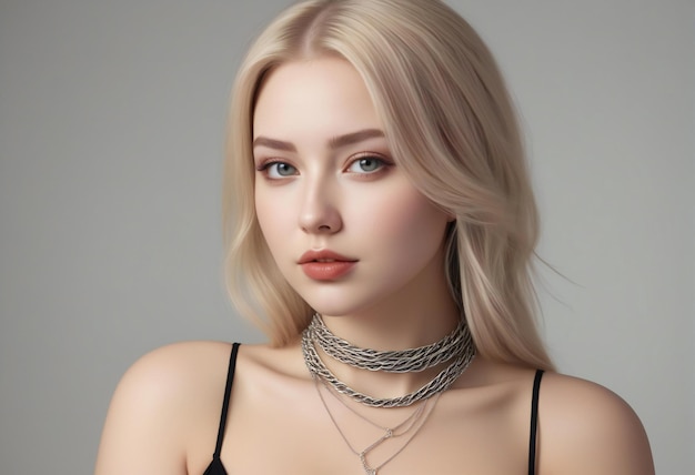 Portrait of a beautiful blonde girl with a necklace on her neck