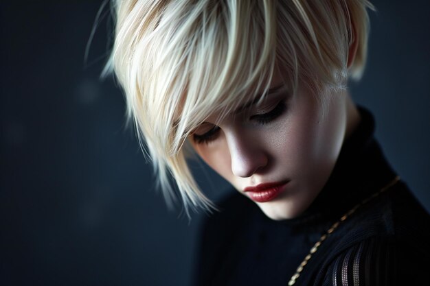 Portrait of a beautiful blonde girl with short hair on a dark background