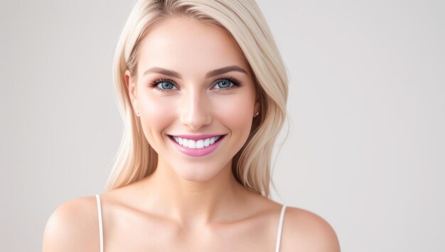 Photo portrait beautiful blonde model woman with white teeth smile healthy long hair and beauty skin on light background concept of advertising dentist and facial care generative ai