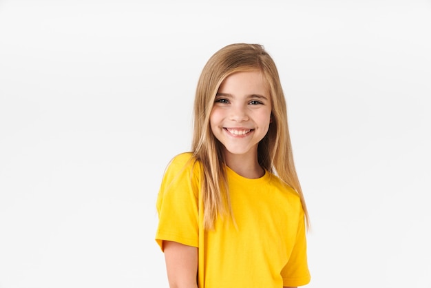 Portrait of beautiful blonde summer girl wearing casual t-shirt smiling isolated on white