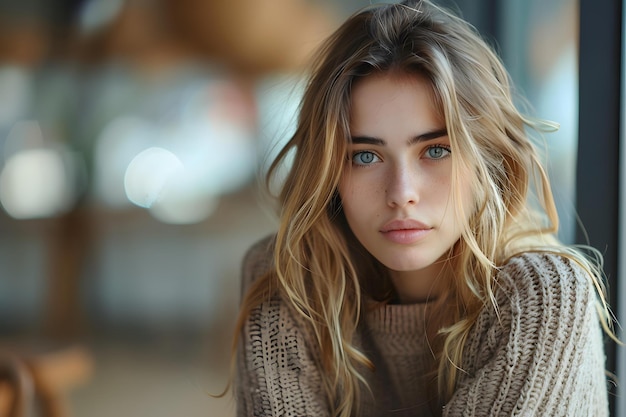 Portrait of a beautiful blonde woman in a brown sweater