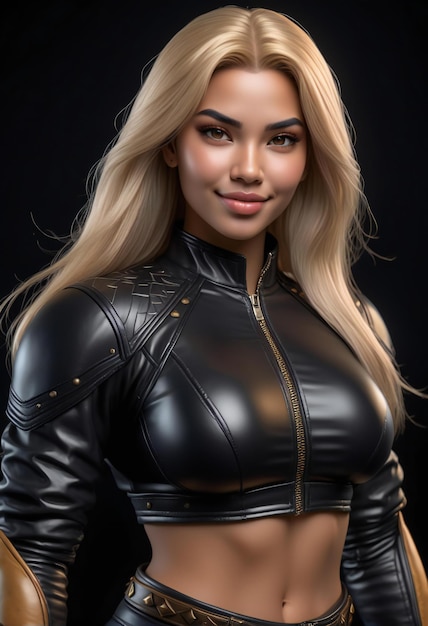 Portrait of a beautiful blonde woman in a leather jacket on a black background