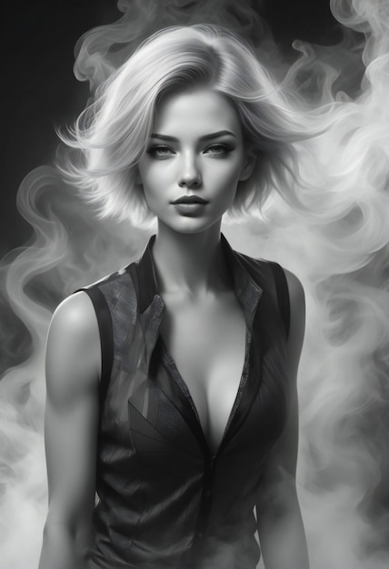 Portrait of a beautiful blonde woman in smoke Black and white photo