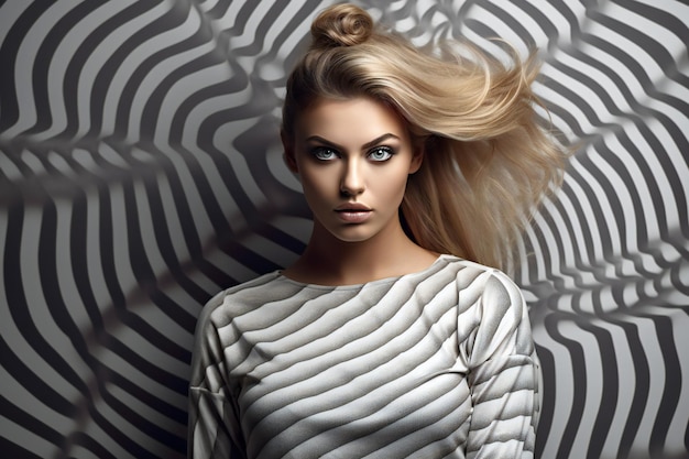 Portrait of a beautiful blonde woman in striped dress Beauty fashion