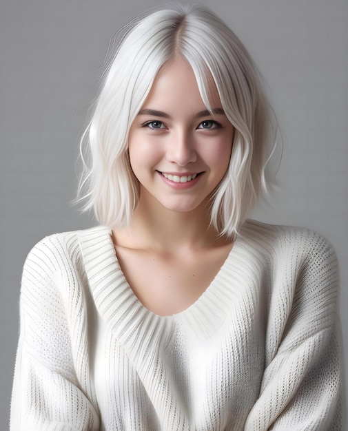 Portrait of a beautiful blonde woman in a white sweater on a gray background