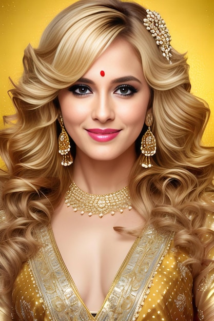 Portrait of beautiful blonde woman with long curly hair and professional makeup