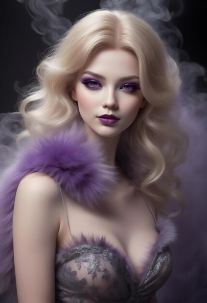 Portrait of beautiful blonde woman with purple makeup and fur