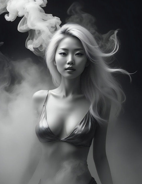 Portrait of a beautiful blonde woman with smoke in her hair