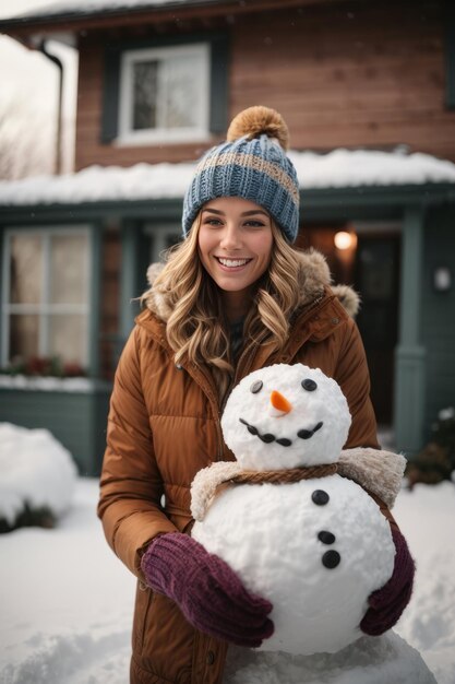 Portrait of a beautiful blonde woman with a snowman outside in winter