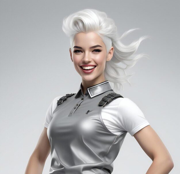 Portrait of beautiful blonde woman with white hair on gray background