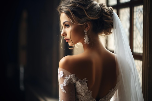 Portrait of the beautiful bride against a window indoors