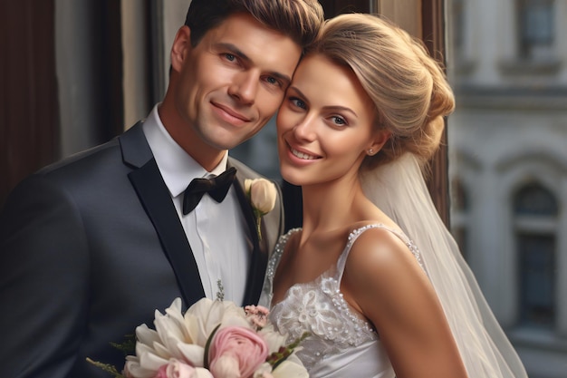 Portrait of a beautiful bride and groom on their wedding day