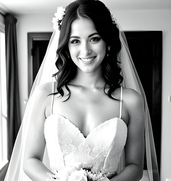 Portrait of a beautiful bride in her wedding day Black and white