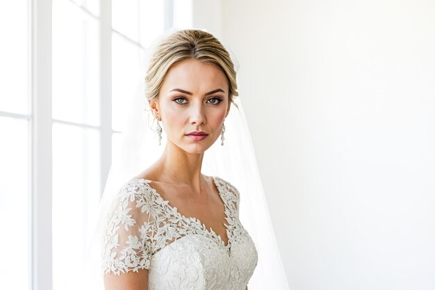 Photo portrait of a beautiful bride in a lace wedding dress