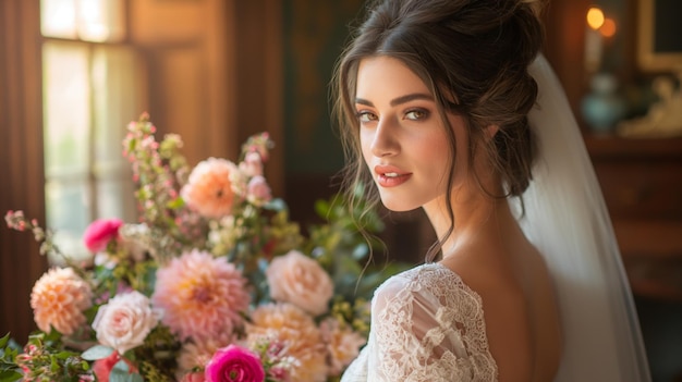 Portrait of beautiful bride in a white dress with pink flowers