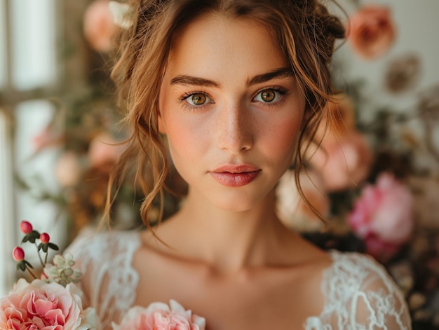 Portrait of beautiful bride in a white dress with pink flowers