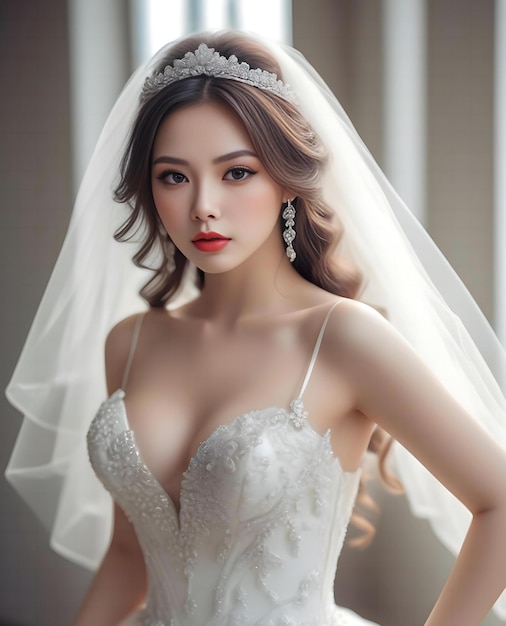 Portrait of beautiful bride with makeup and hairstyle in white wedding dress