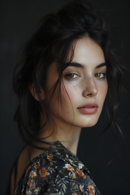 Portrait of a beautiful brunette girl on a dark background