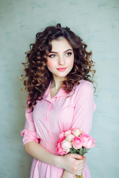 Portrait of a beautiful brunette girl with curly hair